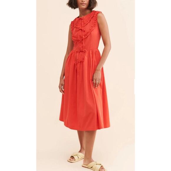 NWT Naya Rea Cherry Red Bow Tie Cottagecore Via Midi Dress $350 MSRP - Picture 1 of 11
